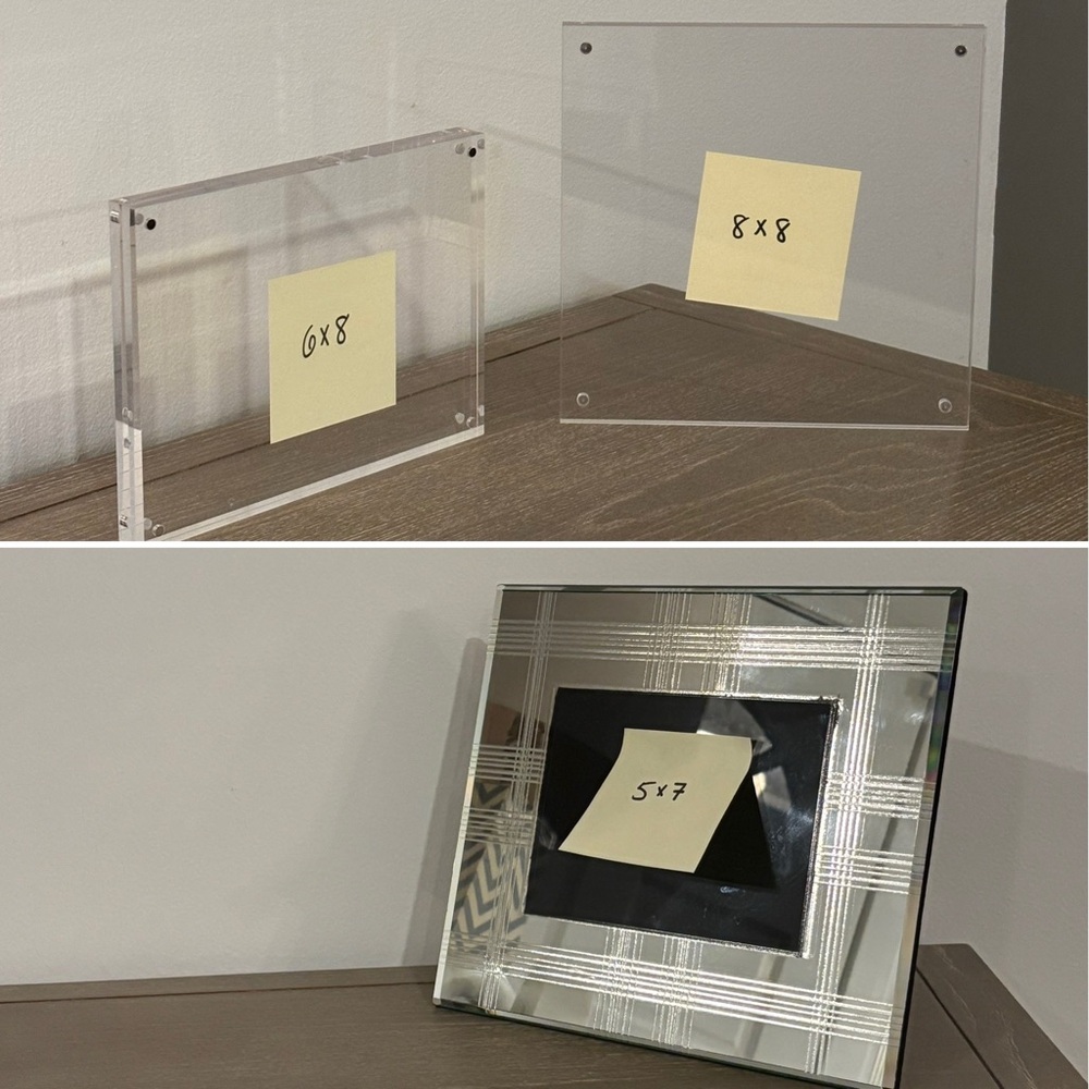 Lot of 3 Photo Frames-
6x8 & 8x8 Freestanding Acrylic Magnetic Frames
5x7 Glass